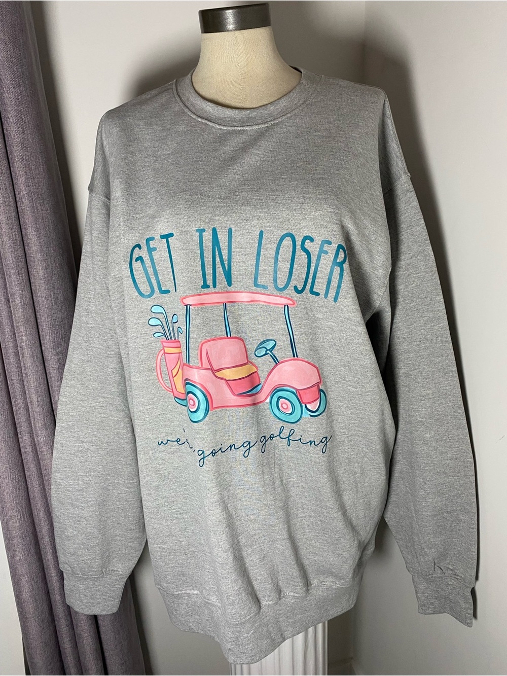 Gray Crewneck Sweatshirt with Pink Golf Cart Graphic